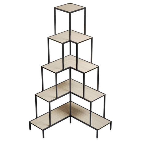 BELLEZE 5-Tier L-Shaped Corner Bookshelf with RGB Lighting & Remote Control, 66" Tall Display and Storage Rack in Nature Finish BELLEZE