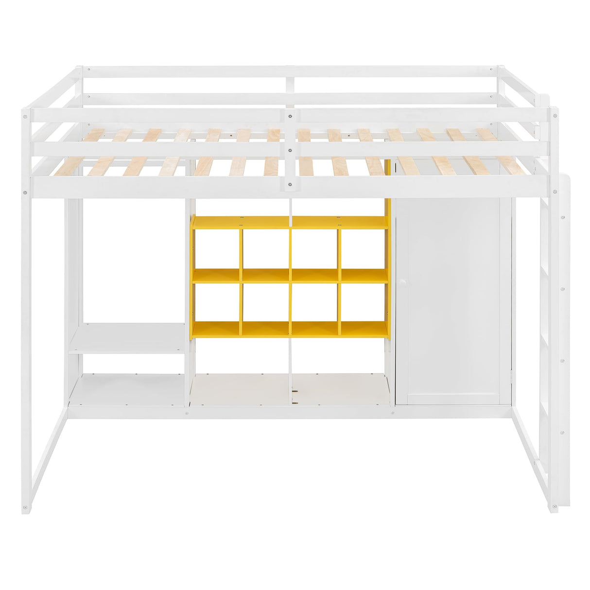 Merax Full Size Wood Loft Bed with Wardrobe & Shelves & Cabinet, Space-Saving Multi-Storage Bed Frame with Staircase, Bear 600lbs, White+Yellow Merax