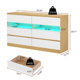 Gyfimoie 6 Drawer Dresser with Power Outlet & LED Light, Modern Chest of Drawers with 2 Open Cubbies, Double Wide Drawer Dresser Organizer, TV Stand for Bedroom, Entryway (White & Light Wood) Gyfimoie