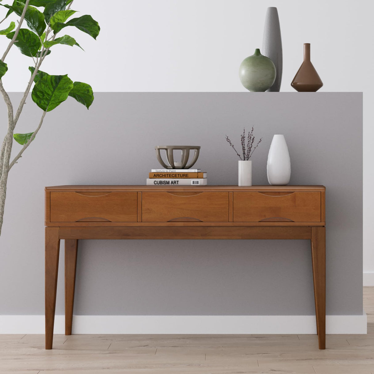 SIMPLIHOME Harper SOLID HARDWOOD 54 Inch Wide Mid Century Modern Console Sofa Table in Teak Brown, for The Living Room Entryway and Bedroom SIMPLIHOME