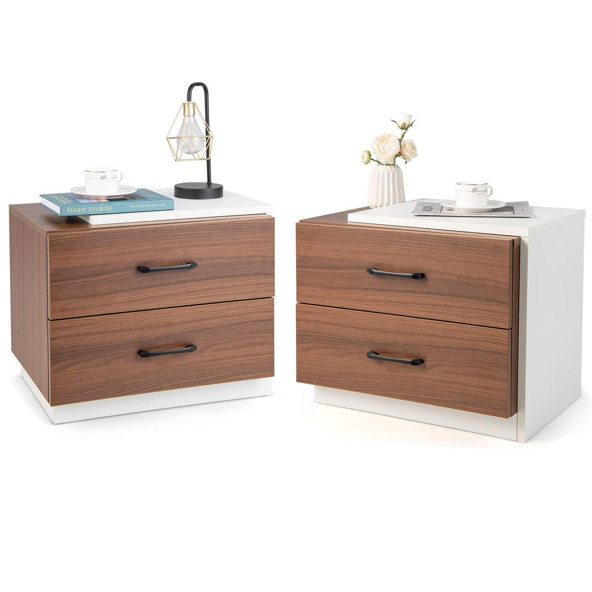 Giantex Modern Nightstand Set of 2 with 2 Drawers, Rustic Walnut Wood Grain Bedside Table with White L Shape Unique Design, Vertical Wooden End Table for Bedroom, Walnut & White (2) Giantex
