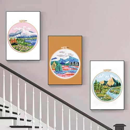 Konrisa 3 Pcs Landscape Embroidery Kits, Mountain Flower Village Pattern Cross Stitch Kit, DIY Sewing Practice Kits for Adults Home Decoration,Include Embroidery Cloth Threads and Needles,1pc Hoops