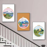 Konrisa 3 Pcs Landscape Embroidery Kits, Mountain Flower Village Pattern Cross Stitch Kit, DIY Sewing Practice Kits for Adults Home Decoration,Include Embroidery Cloth Threads and Needles,1pc Hoops