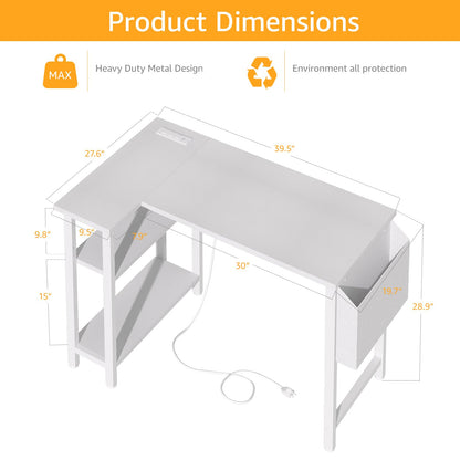 DLisiting White L Shaped Computer Desk with Power Outlet Shelves, 40 Inch Small Corner Desk for Small Space Home Office, Study Work PC Desks for Bedroom, White