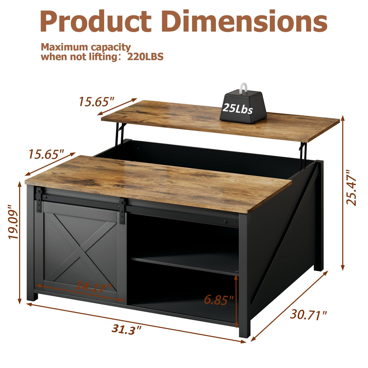 VENDORZ 31" Lift Top Coffee Table with Storage, Black Coffee Table with Lifting Top for Living Room, Farmhouse Coffee Table with Large Hidden Storage Compartment, Living Room Wood Rustic Table VENDORZ