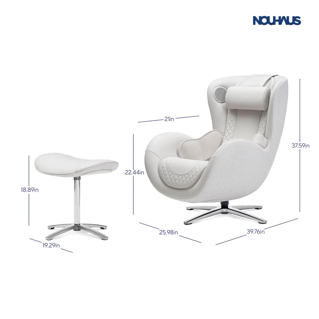 Nouhaus Classic Massage Chair with Ottoman. White Leather Lounge Chair, with Percussive & Shiatsu Chair Massager, Bluetooth Speaker and Recliner. Cozy Bedroom Chair with Spot and Full Body Massager Nouhaus