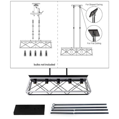 XIPUDA 5-Light Pendant Lights Fixture, Farmhouse Chandeliers for Dining Room, Rustic Island Lights for Kitchen, Rectangular Chandelier Rustic Farmhouse Light Fxiture