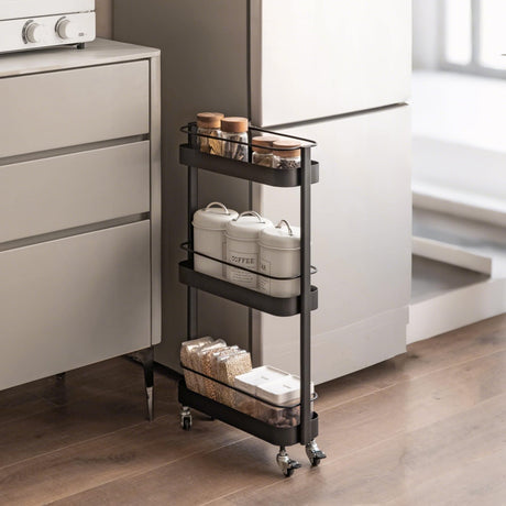 Wayshome Rolling Storage Cart, 3 Tier Bathroom Organizer Mobile Shelving Unit, Metal Utility Cart Tower Rack for Kitchen Laundry Narrow Places(Fully Assembled Furniture, Black) Wayshome