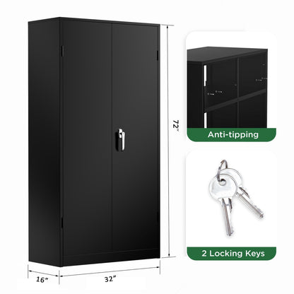 Greenvelly Metal Storage Cabinet, 72" Black Locking Metal Garage Storage Cabinet with Doors and 4 Adjustable Shelves, Lockable Steel Cabinet for Home Office, Garage, Shop, School (32" W x 16" D)