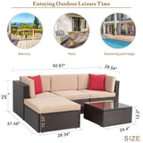 Vongrasig 5 Piece Patio Furniture Sets, All-Weather Brown PE Wicker Outdoor Couch Sectional Set, Small Conversation Set for Garden/Patio w/Ottoman, Glass Table, Red Pillow, Beige Vongrasig