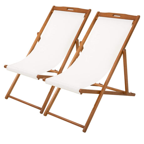 FDW Beach Sling Patio Chair for Relaxing, Foldable with Adjustable Height made from Eucalyptus Wood with White Polyester (White, Brown) FDW