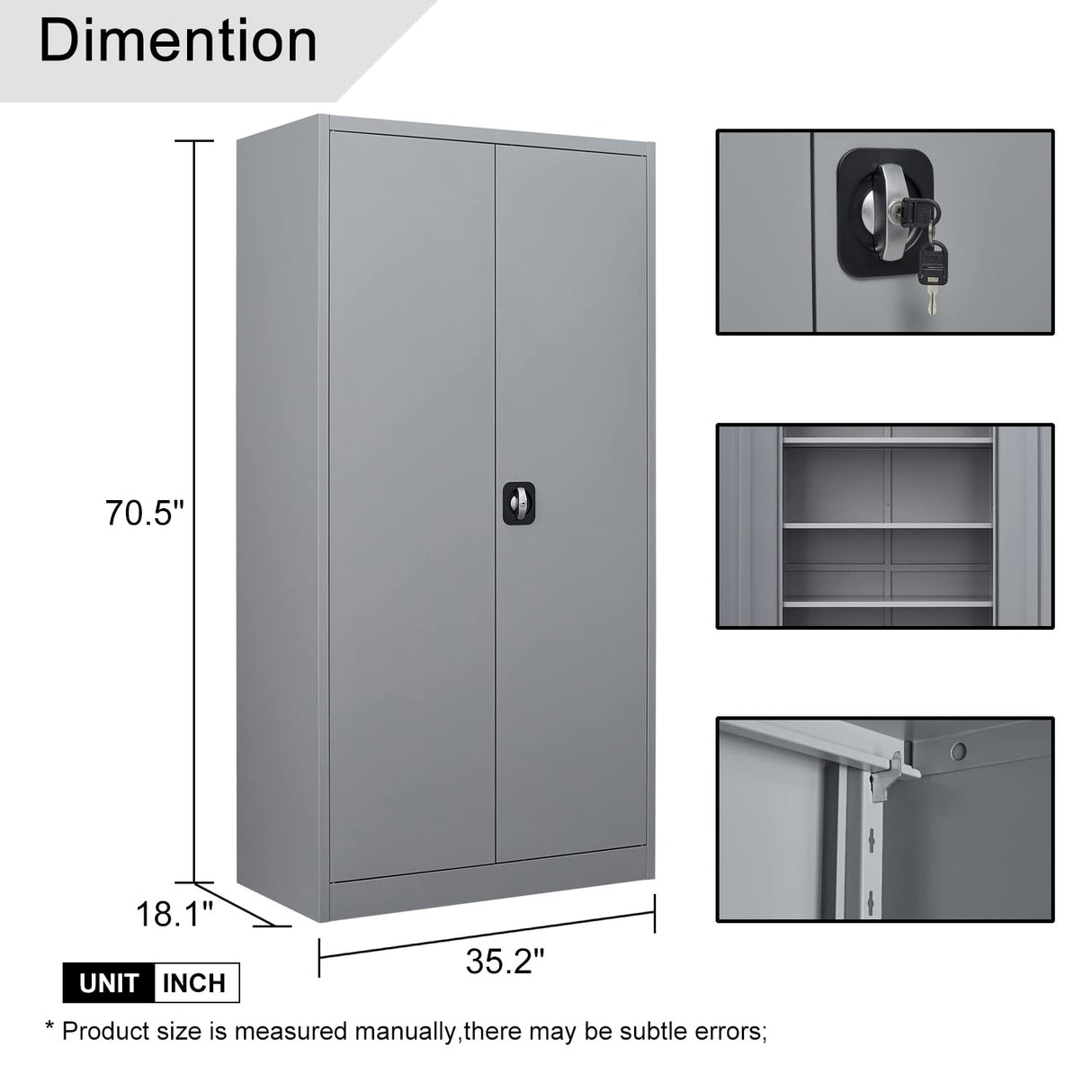 CNANXU Metal Garage Storage Cabinet - 72" Locking Metal Storage Cabinet with 2 Doors and Adjustable Shelves & Locking Doors - Garage Cabinets for Tool Storage - Grey CNANXU