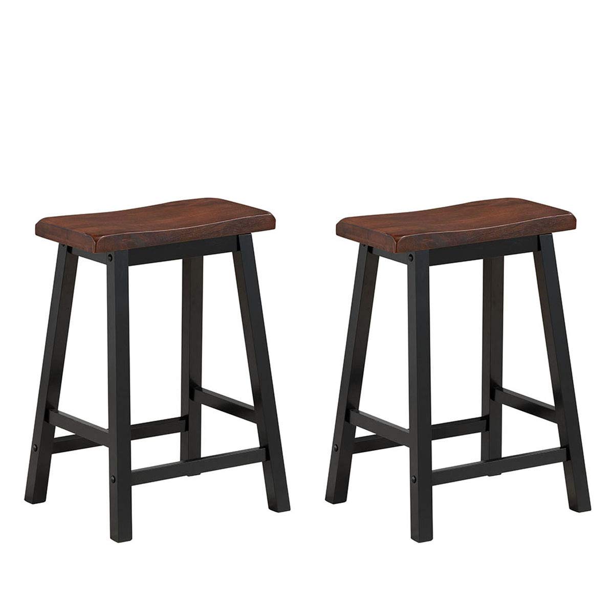 COSTWAY Saddle Stools Set of 2, 24-inch Height Vintage Counter Height Chairs with Solid Wood Legs, Modern Backless Design Indoor Bar Stools for Kitchen, Dining, Pub and Bistro, Brown COSTWAY