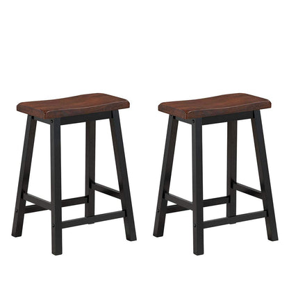 COSTWAY Saddle Stools Set of 2, 24-inch Height Vintage Counter Height Chairs with Solid Wood Legs, Modern Backless Design Indoor Bar Stools for Kitchen, Dining, Pub and Bistro, Brown