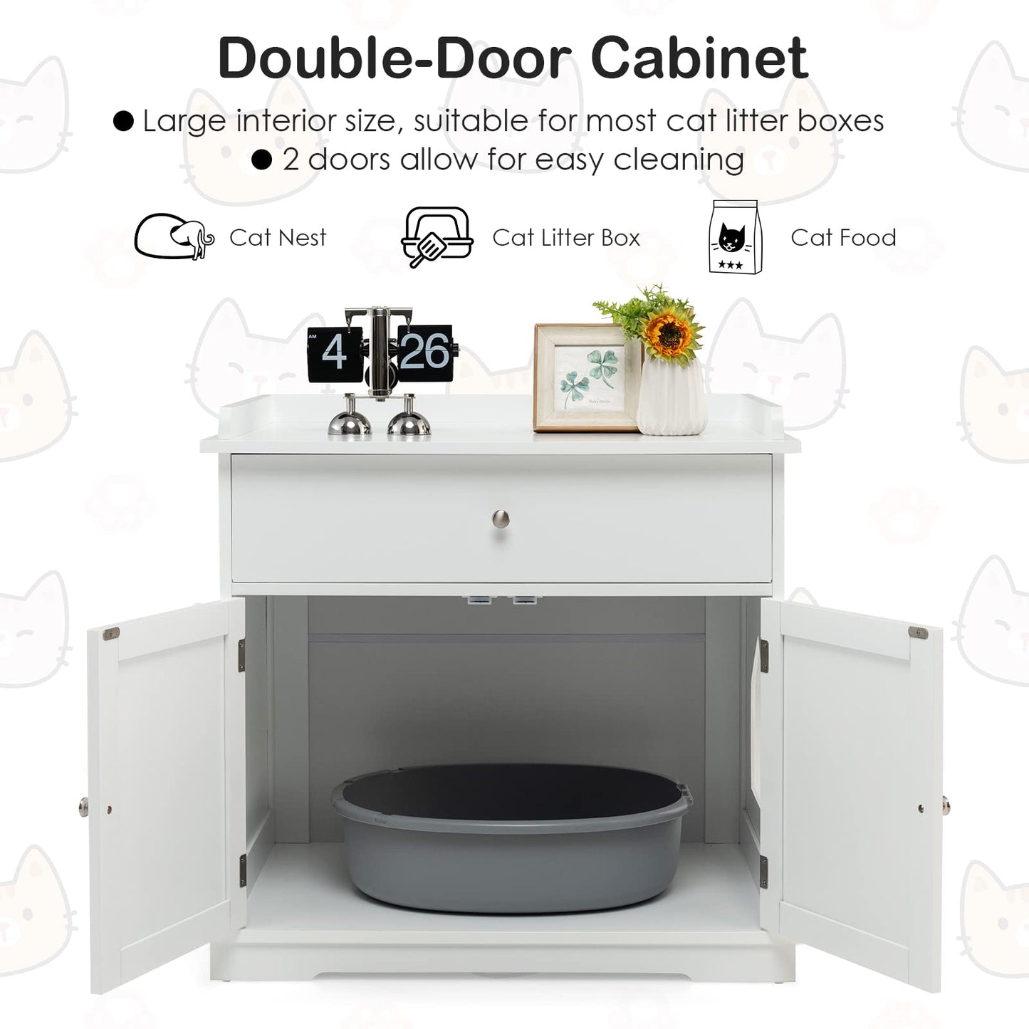 PETSITE Cat Litter Box Enclosure, Large Cat Washroom End Table with Drawer & 2 Doors, Wooden Cat House Storage Cabinet, Hidden Litter Box Furniture, White