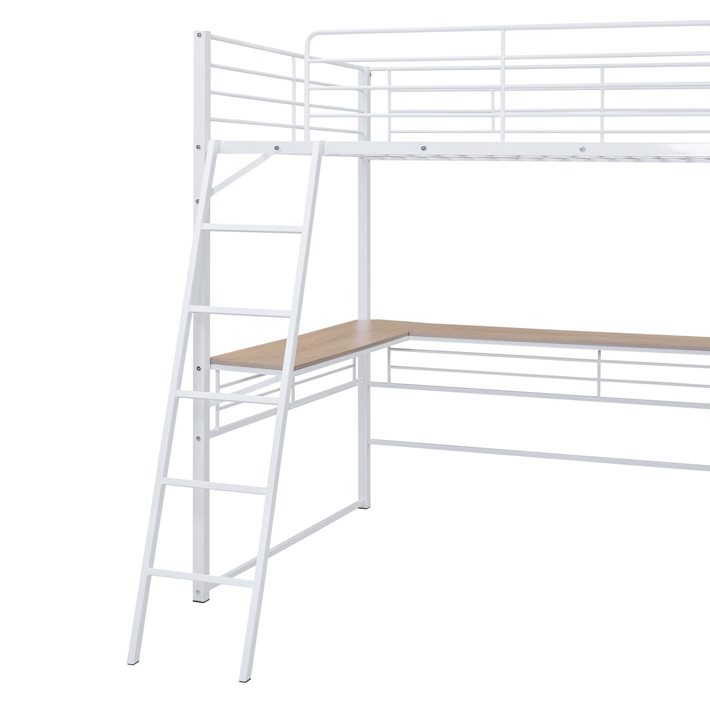 Metal Full Size Loft Bed with L-Shaped Desk,Heavy Duty Loft Bed with 3 Tier Shelves for Kids Teens Adults,Loft Bed Full Size with Storage, High Loft Bed Frame, Space Saving,White