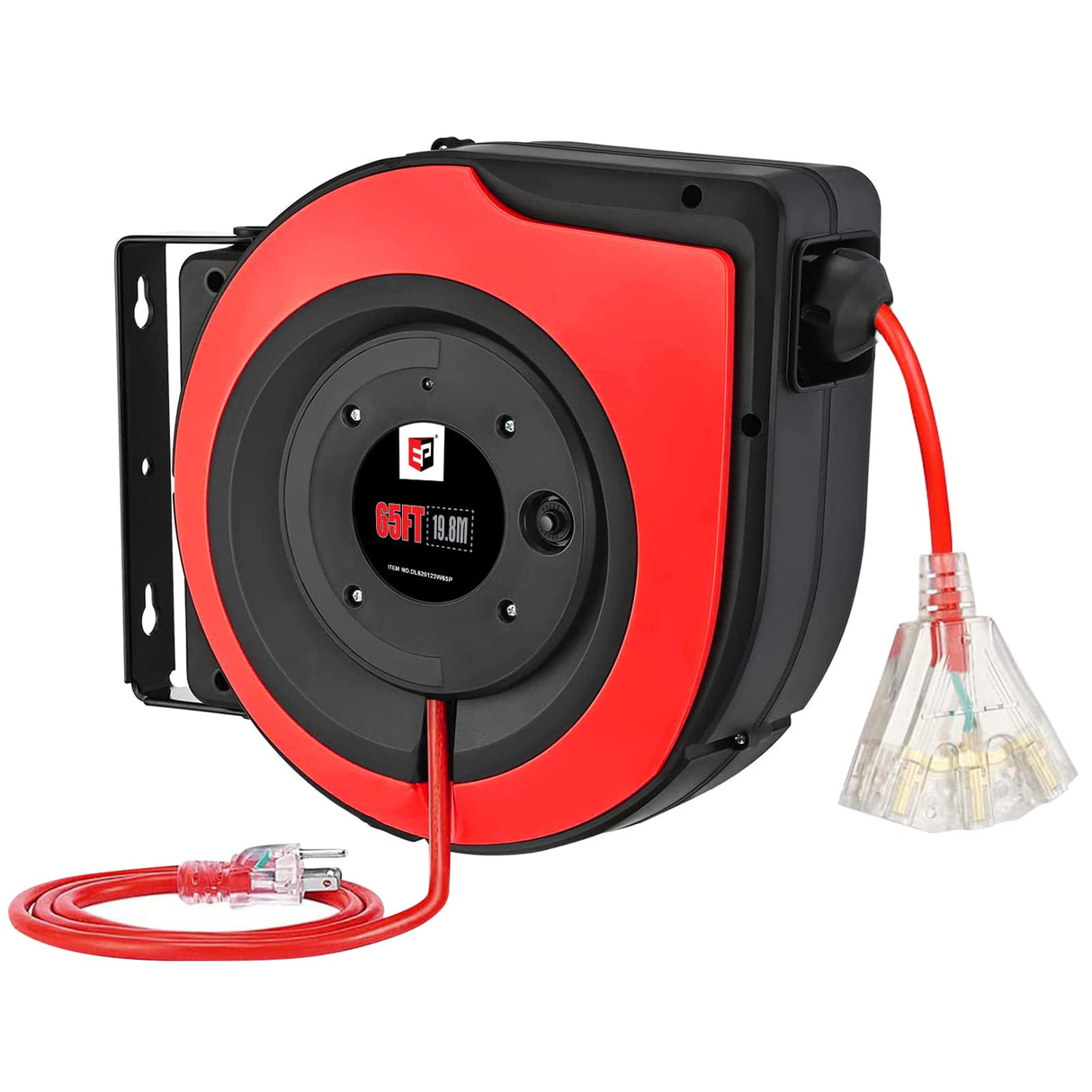 EP Retractable Extension Cord Reel,65 Feet 12 AWG/3C SJTOW Heavy Duty Power Cord,15 AMP Circuit Breaker, 3-Lighted Triple Outlets,Ceiling or Wall Mount Use Indoor/Outdoor, Red EP