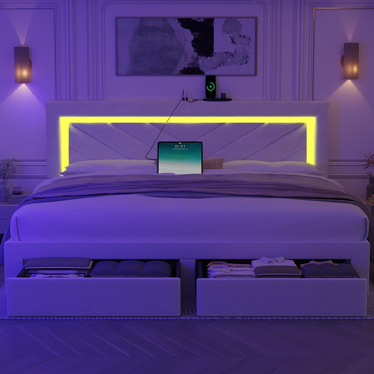 Fastroby King Size Bed Frame with Adjustable Headboard and 2 Storage Drawers, Upholstered Bed Frame King with RGB LED Light and Charging Station, Easy Assembly, No Box Spring Needed, Off White Fastroby