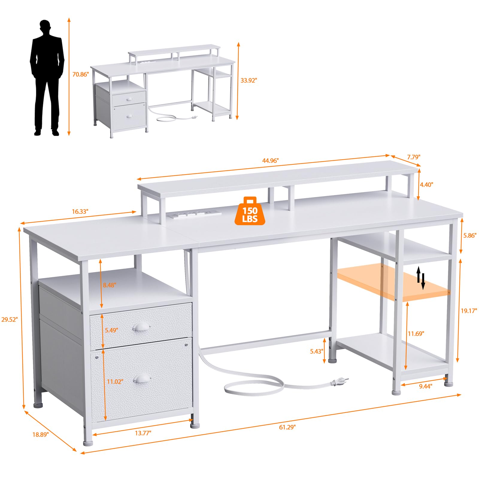 Furologee 61" Desk with LED Light & Power Outlets, Reversible Computer Desk with File Cabinet & Drawer, White Gaming Desk Writing Table with Dual Monitor Stand, for Home/Office/White - WoodArtSupply