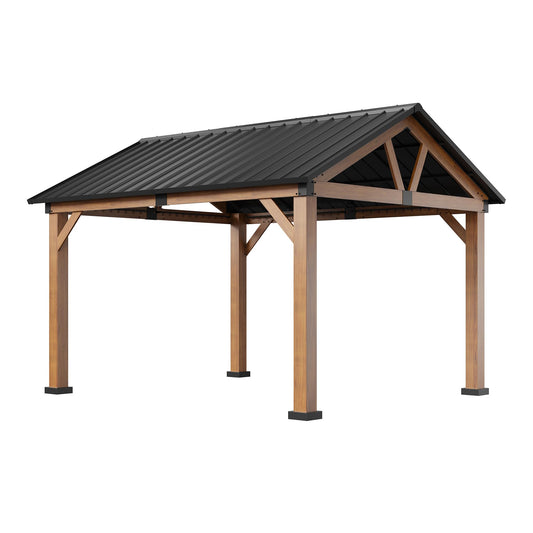 11' X 13' Hardtop Gazebo with Curtains and Nettings, Outdoor Patio Gazebos Backyard Gazebo, Wooden Finish Canopy Aluminum Frame Permanent Pavilion for Patio, Backyard, Deck, Lawn