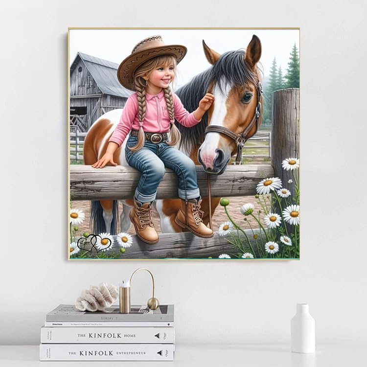 GXGLLPZBY DIY Lovely Little Lass and Horse Diamond Art Kits, 5D Diamond Painting for Beginners Adults, Round Full Drill Diamond dot Art Kits, Gem Art for Adults Home Wall Decor 13.8x13.8in GXGLLPZBY