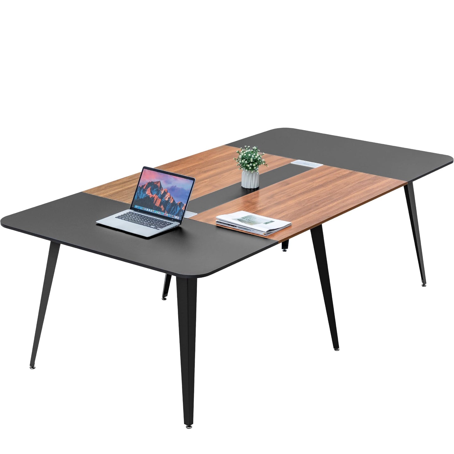 Shahoo 8FT Conference Table, Large Meeting Table with Rectangle Grommet and Metal Frame, Modern Seminar Boardroom Table for Office Conference Room, Black and Brown（94.5L*47.2W*29.9" H）