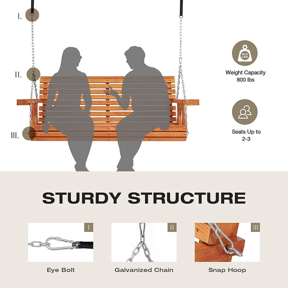 U-MAX Wooden Porch Swing 2-Seater,Swing Bench with Cupholders, Heavy Duty 800 LBS,Hanging Porch Swing Chair for Outdoor Patio Garden Yard(6.5FT&Brown) U-MAX