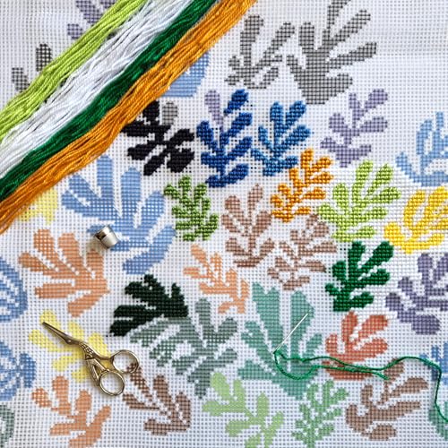 Brvsk Abstract Embroidery Kit for Adults and Beginners — The Sheaf by Henri Matisse 16″ × 16″ with Clear, Precise Printed Design on Cotton Canvas; Includes 2 Needles, Yarn, and Easy-Read Chart