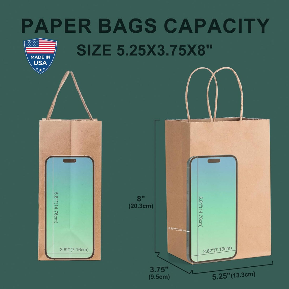 METRONIC Paper Gift Bags 5.25x3.75x8 50Pcs, Christmas Gift Wrap Bags with Handles, Brown Kraft Paper Bag for Small Business, Bulk Party Favors Bag for Birthday, Shopping, Retail, Made in USA METRONIC
