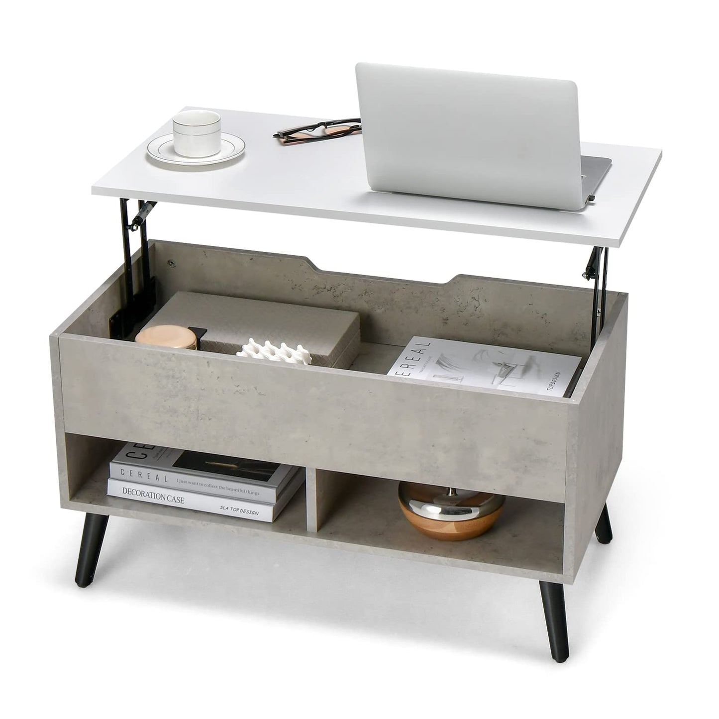 Giantex Lift Top Coffee Table, Modern Cocktail Table w/Hidden Compartment & 2 Open Shelves, Flip Top Center Table, Wooden Pull up Coffee Table for Living Room, Reception Room, Office (Grey) - WoodArtSupply