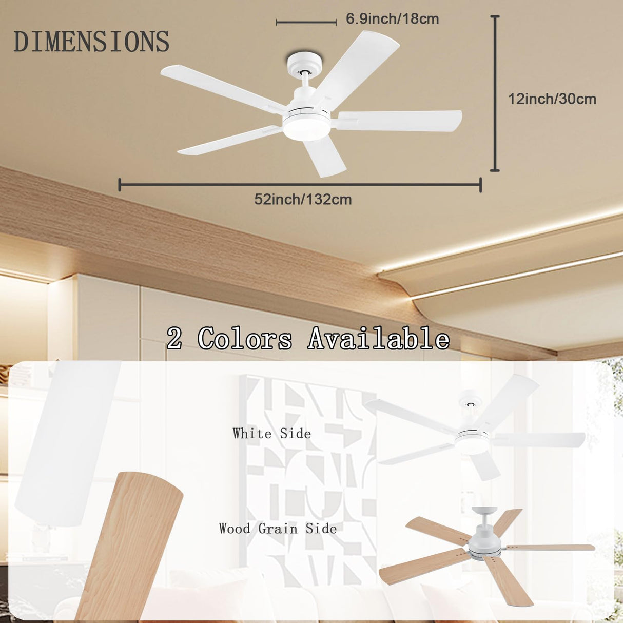 JSAITEE 52 Inch Smart Ceiling Fan with Lights, Remote & App Control, DC Reversible Motor, 8 Speeds Quiet 35dB, 3CCT Dimmable LED, Low Profile Modern Ceiling Fans for Bedroom Living Room, White JSAITEE