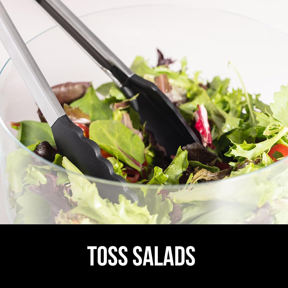 Gorilla Grip Stainless Steel Heat Resistant Kitchen Tongs for Cooking, 9 + 12 Inch, Set of 2 BBQ Tong, Non Scratch Silicone Tip for Pan, Strong Grip, Grab Food, Toss Salad, Air Fryer, Pull Lock, Black Gorilla Grip