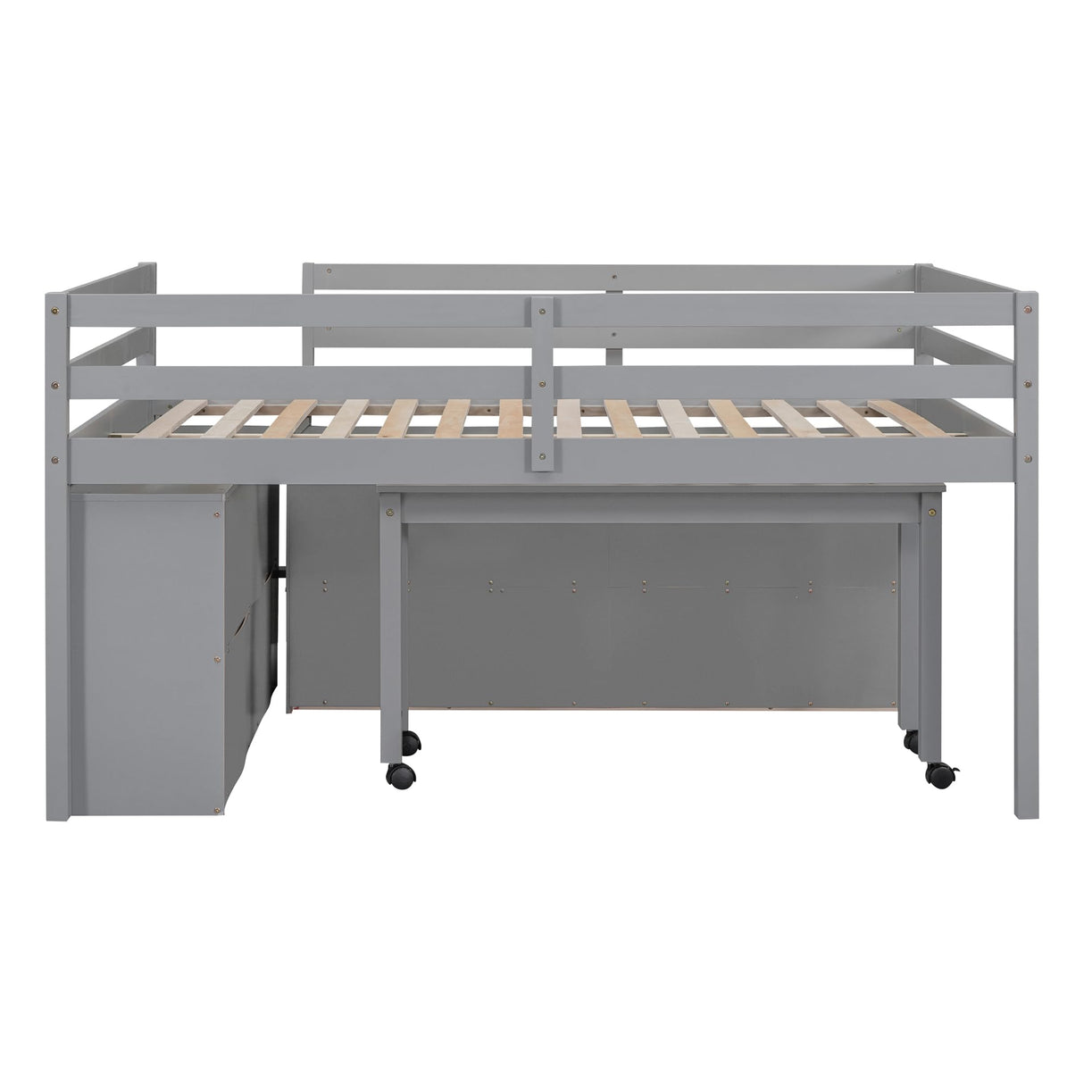 Kids Full Low Loft Bed with Storage, Full Size Loft Bed with Portable Desk and 4 Drawers, Wood Full Loft Bed with Shelves, Modern Farmhouse Junior Loft Bed for Kids Boys Girls, Gray Harper & Bright Designs