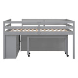 Kids Full Low Loft Bed with Storage, Full Size Loft Bed with Portable Desk and 4 Drawers, Wood Full Loft Bed with Shelves, Modern Farmhouse Junior Loft Bed for Kids Boys Girls, Gray Harper & Bright Designs