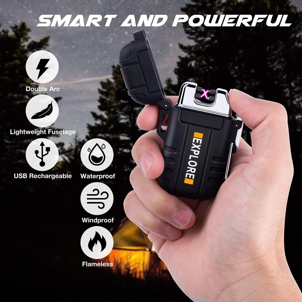 LcFun Waterproof Electric Lighter Windproof Dual Arc USB Rechargeable Flameless Plasma Lighters for Camping Hiking Survival Tactical Gear Gifts for Men Fathers Husband LcFun