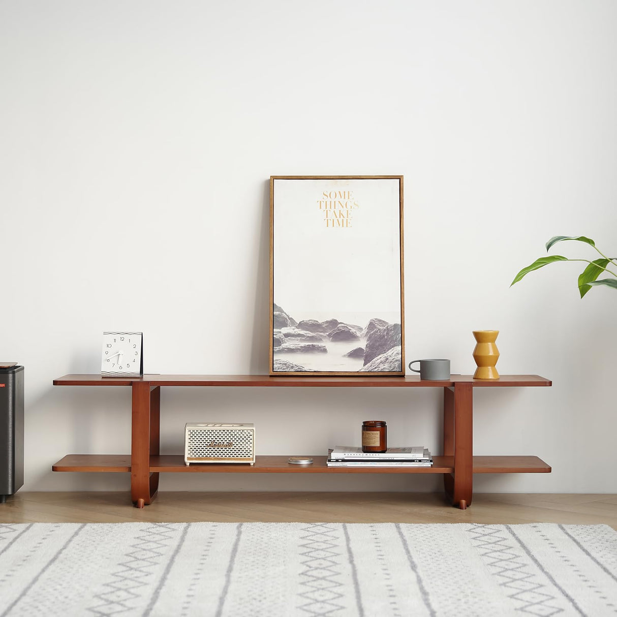 Welnow Bamboo TV Stand for Up to 65 Inch, Mid Century Modern Entertainment Center with 2-Tier Open Shelves, Storage Media Console Table for Living Room, Bedroom, Walnut Welnow