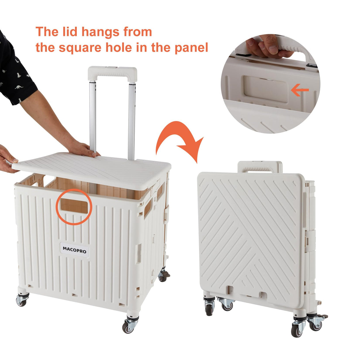 Foldable Utility Cart Folding Portable Rolling Crate Handcart with Durable Heavy Duty Plastic Telescoping Handle Collapsible 4 Rotate Wheels for Travel,Shopping, Luggage, Office, Teacher(White) MACOPRO