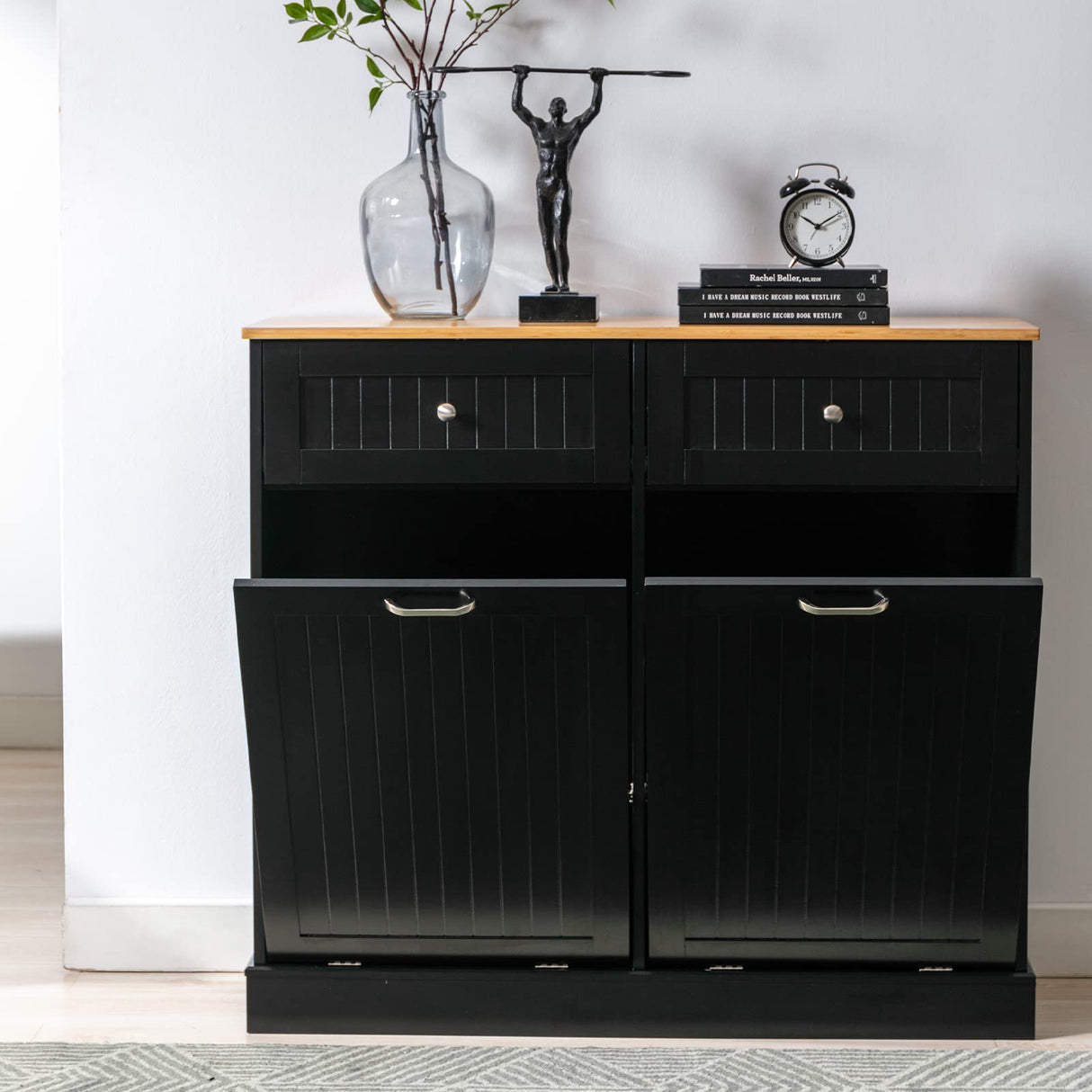 Double Trash Cabinet Tilt Out 20 Gallon, Pet Proof Kitchen Trash Cabinet Laundry Hamper with Cutting Board, Wood Garbage Recycling Station Hideaway Trash Holder Drawers (Black) Gitua