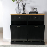 Double Trash Cabinet Tilt Out 20 Gallon, Pet Proof Kitchen Trash Cabinet Laundry Hamper with Cutting Board, Wood Garbage Recycling Station Hideaway Trash Holder Drawers (Black) Gitua
