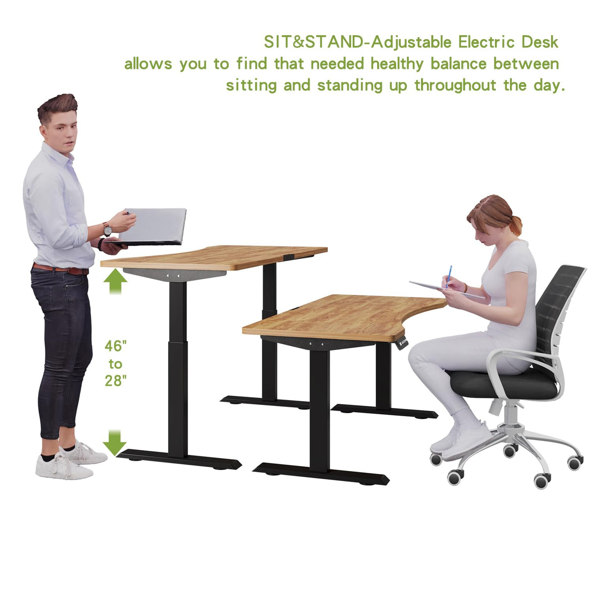 Radlove Dual Motors Height Adjustable 63 x 30 Electric Standing Desk with Curved Design Stand Up Table 4 Memory Keys, Computer Desk with Splice Board Home Office Desk, Light Brown Top + Black Frame Radlove