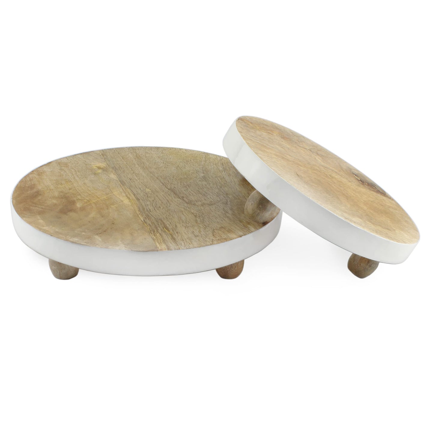 AuldHome Farmhouse Round Wooden Risers (Set of 2, White Trim), Rustic Decorative Risers for Display with Natural Mango Wood and Enamel Trim