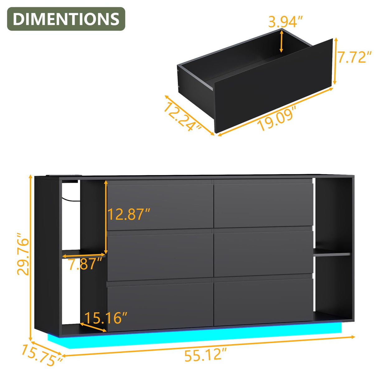 Gyfimioe 6 Drawer Dresser with Power Outlet, Floating White Dresser Chest of Drawer with LED Light,Modern Double Wide Drawer Organizer Cabinet for Bedroom,Living Room (6 Drawer-Black) Gyfimoie