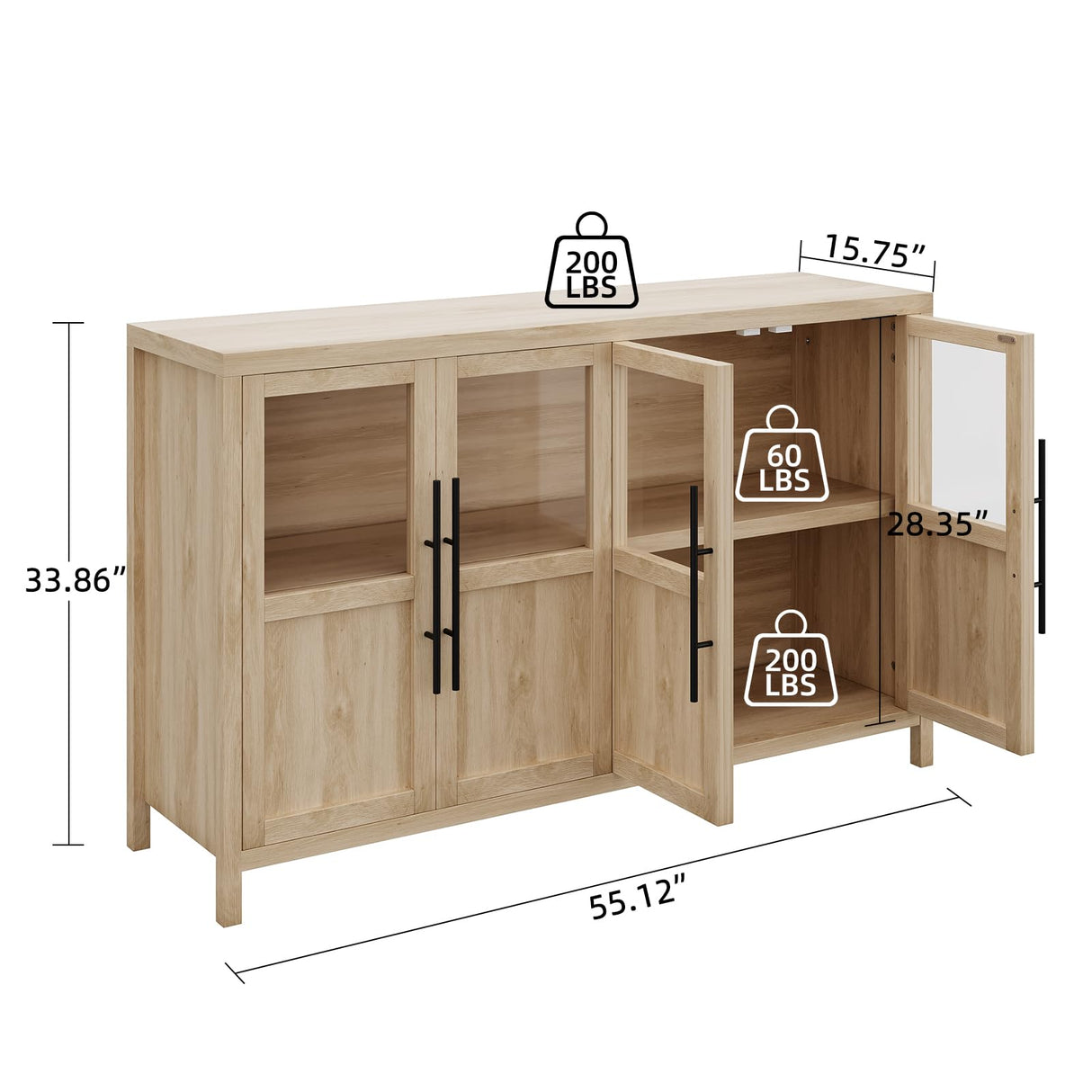 GarveeHome Sideboard Buffet Cabinet with 4 Glass Doors, 55" Buffet Table Coffee Bar Wine Bar Display Cabinet for Kitchen Dining Room, Living Room (Natrual, Glass with 4 Doors) GarveeHome