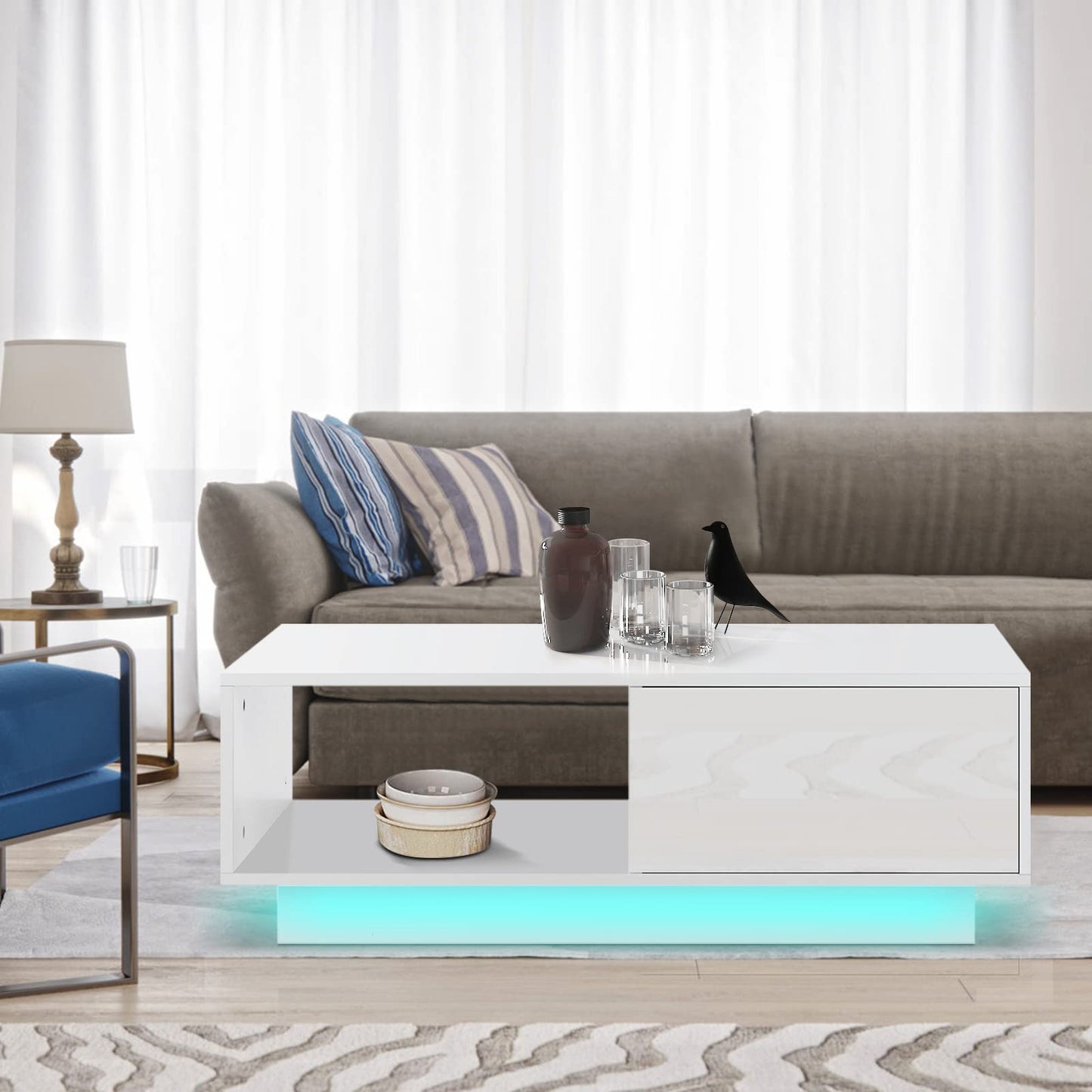 HOMMPA Led Coffee Table for Living Room White Coffee Table Modern Led Center Table with 2 Drawers Storage High Gloss Tabletop and Small Cocktail Table with Led Lights - WoodArtSupply