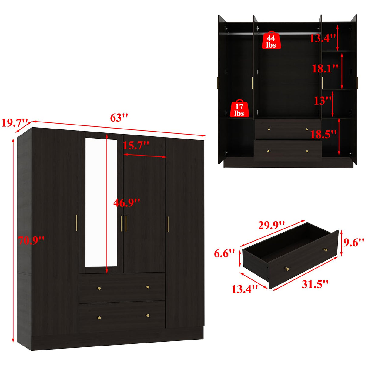 WOODTIME 4-Door Armoire Wardrobe Closet with Mirror, 63" L Modern Wooden Bedroom Armoire with 2 Drawers, 2 Hanging Bars & 7 Shelves, Black Brown WOODTIME