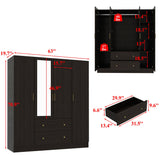 WOODTIME 4-Door Armoire Wardrobe Closet with Mirror, 63" L Modern Wooden Bedroom Armoire with 2 Drawers, 2 Hanging Bars & 7 Shelves, Black Brown WOODTIME