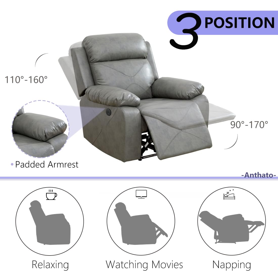 Anthato Power Recliner Sofa Set, Living Room Furniture Sets, 3-Piece Reclining Leather Sofa Loveseat Chair, Living Room Couch Set with Cup Holders/Coffee Table/LED Light for Home Theater/Office,Grey#2 Anthato