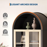 70 in Tall Arched Storage Display Cabinet, Kitchen Pantry Cabinet with LED Lights, Adjustable Shelf, 3 Drawers and Tempered Glass Doors, Boho Arch Bookshelf for Kitchen Dining Living Room- Black & Oak Garvee