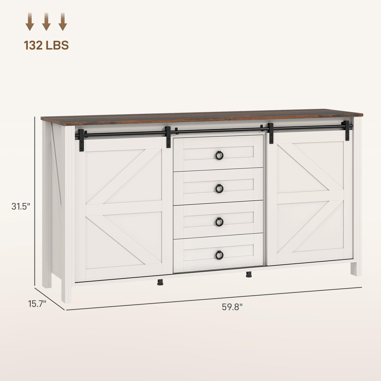 HOMCOM 60" Farmhouse Sideboard Buffet Cabinet with Storage, Kitchen Cabinet with 2 Sliding Barn Doors, 4 Deep Drawers and 2 Adjustable Shelves, Coffee Bar Cabinet, Distressed Cream White HOMCOM