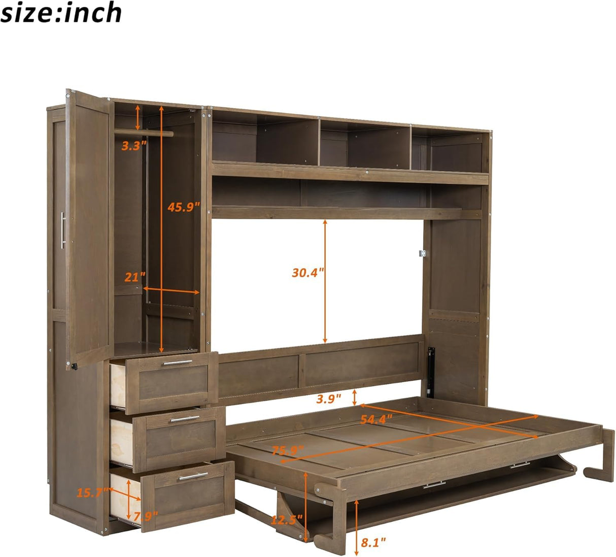 MERITLINE Full Horizontal Murphy Bed with 1 Wardrobe, 3 Drawers and 3 Open Shelves,Antique Wood Folding Murphy Wall Bed Cabinet MERITLINE